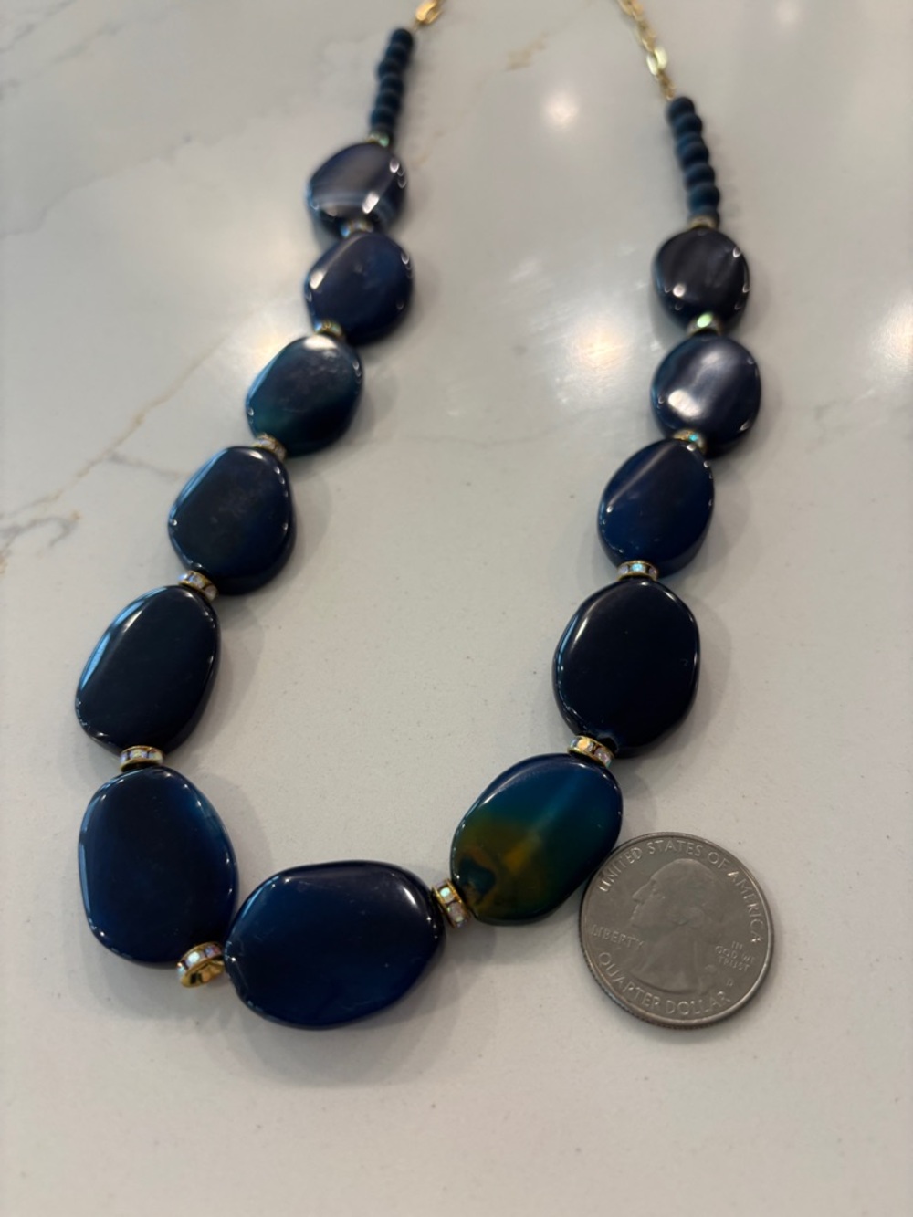 Deep Blue Agate Bead Necklace with Gold Accents - Women Jewelry - Picture 2 of 2